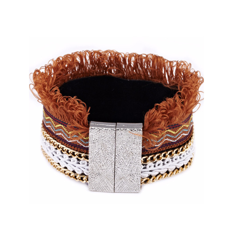 Bracelet à Franges, Coton Marron et Acier Inoxydable
