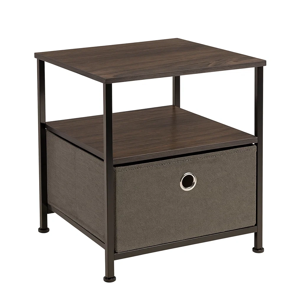Table de chevet en bois et métal avec tiroir en tissu marron/noir 40 x 40 x 55 cm