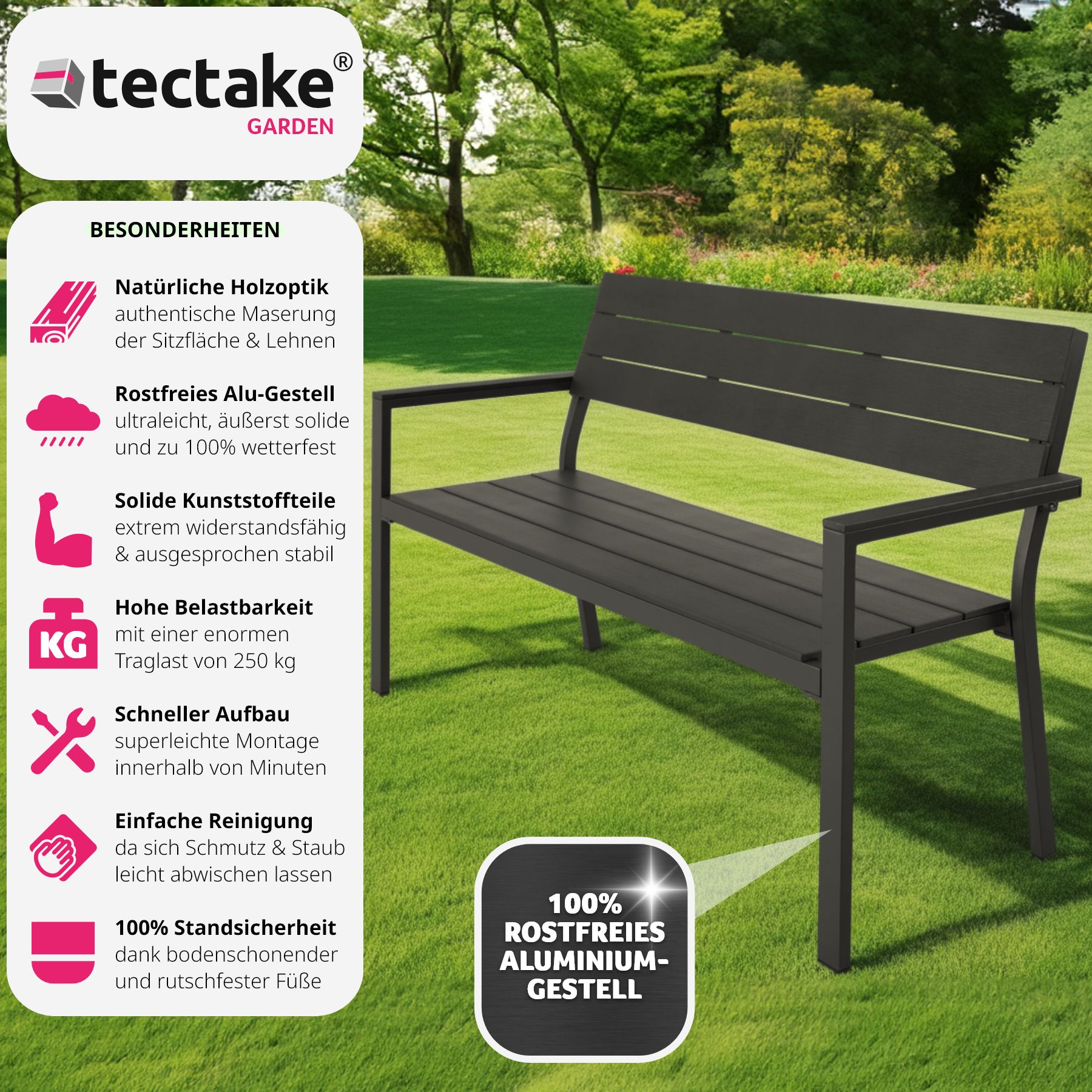 tectake® Gartenbank, 2-Sitzer, wetterfest, 128 x 59 x 88 cm