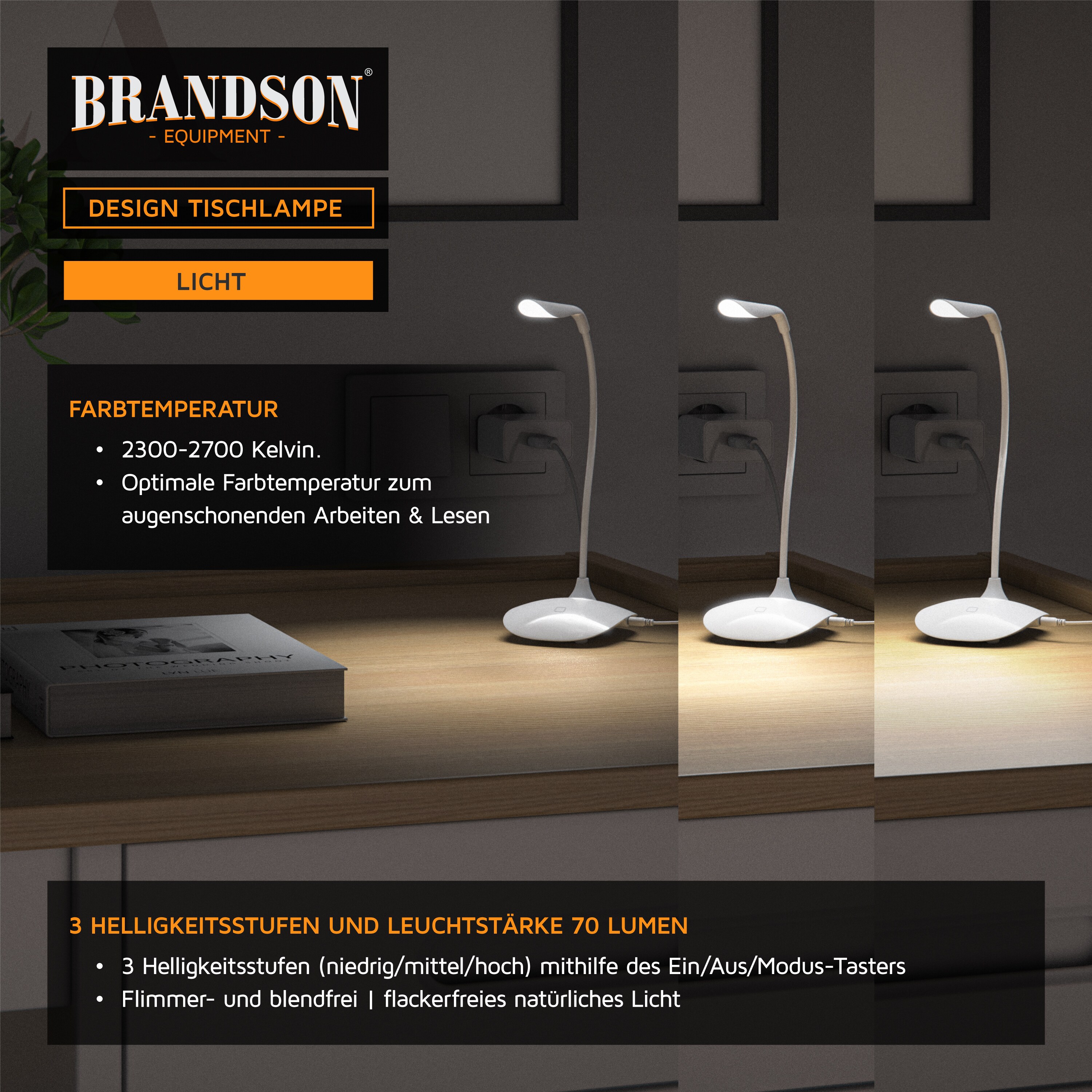 Brandson Schreibtischlampe, warmweiß, LED, Stromsparend, 3 Helligkeitsstufen, Batteriebetrieb, Lampe weiß