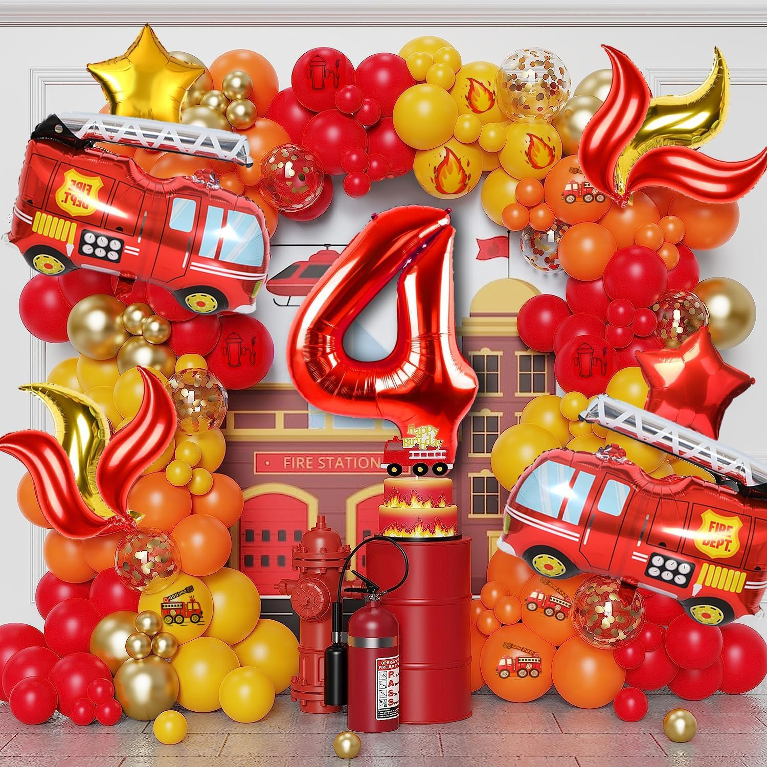 (21-tlg. Set) Zahlen Ballon Kinder Geburtstags Party Folienballon inkl. Latex Luftballons - Zahl 4 / Feuerwehr