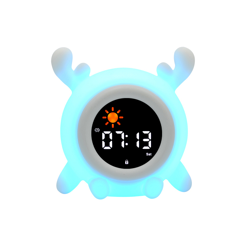 (13x12cm) 3in1 Silikon Wecker Kinder LED Nachtlicht mit Touch Funktion Schlaf Trainer Uhr mit Sonne / Mond - Hirsch
