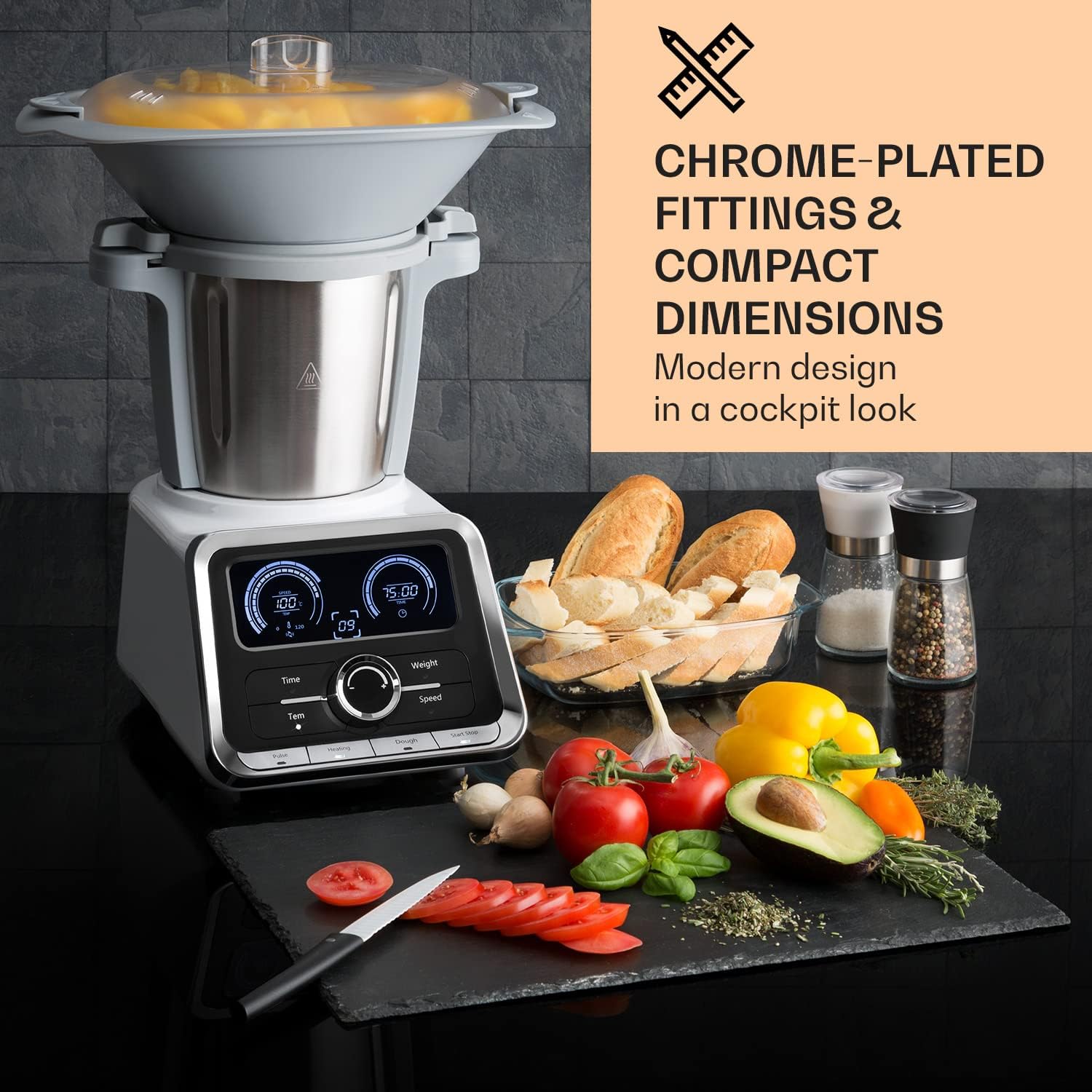 Klarstein GrandPrix - Küchenmaschine Multifunktional, Küchenmaschine mit Fleischwolf, Rührmaschine mit Kochfunktion, 500-1000 W, 2,5L Edelstahlschüssel, 30-120°C einstellbar, silber