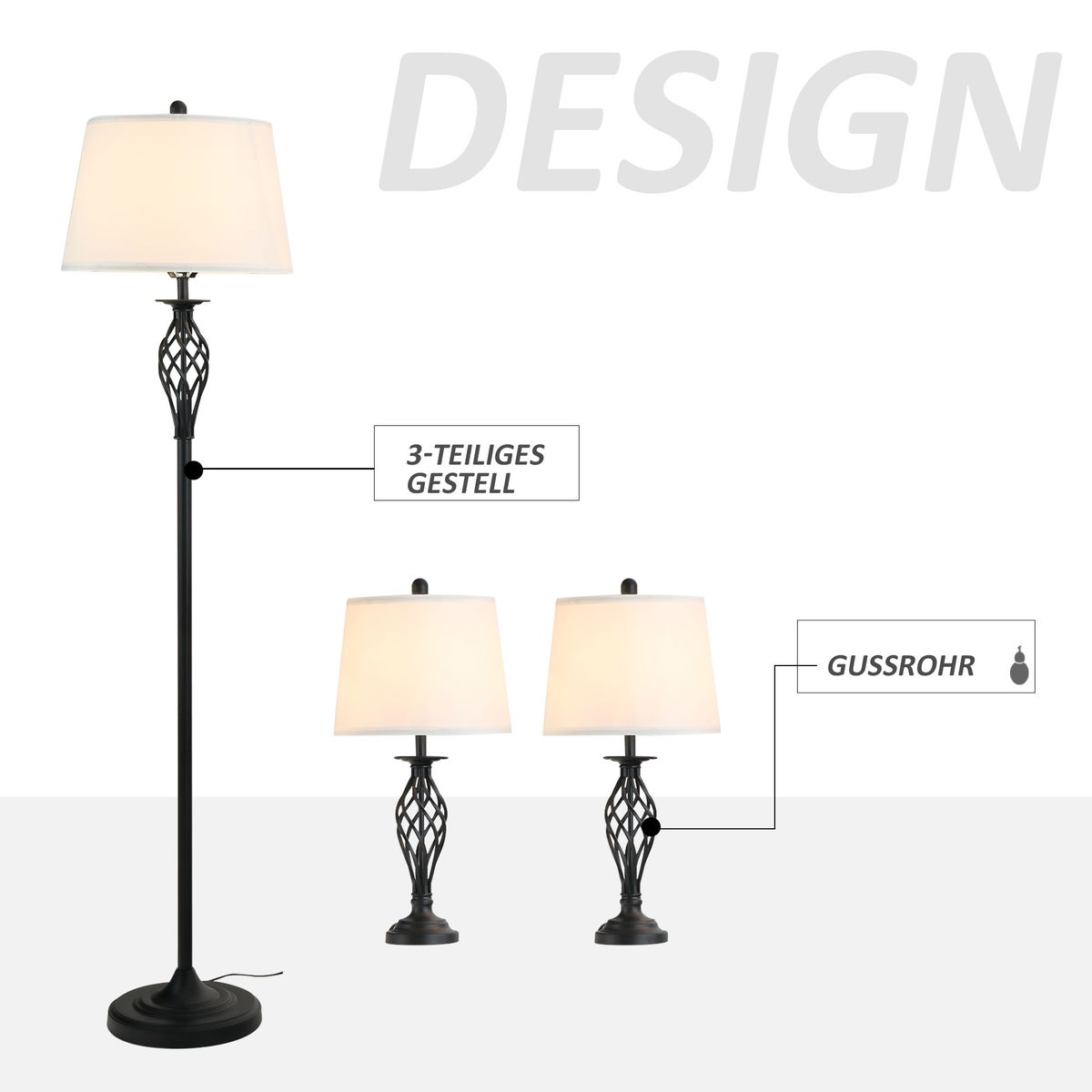 HOMCOM lampenset van 3, ø38 x 158H cm / ø30 x 62H cm, PS, zwart