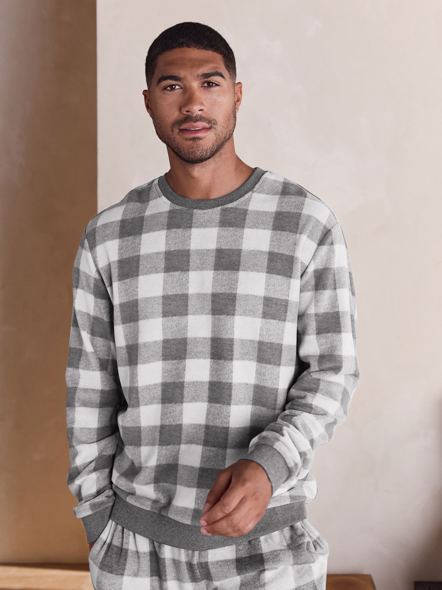 Grijs - Check Fleece Cuffed Bottom Jersey Pyjamas Set
