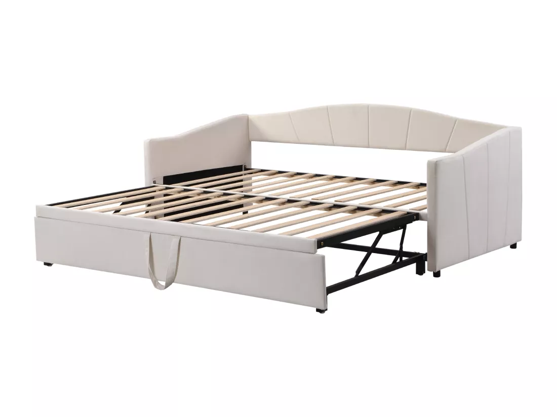 Lit gigogne en velours 180x200 cm - sommier à lattes - Beige