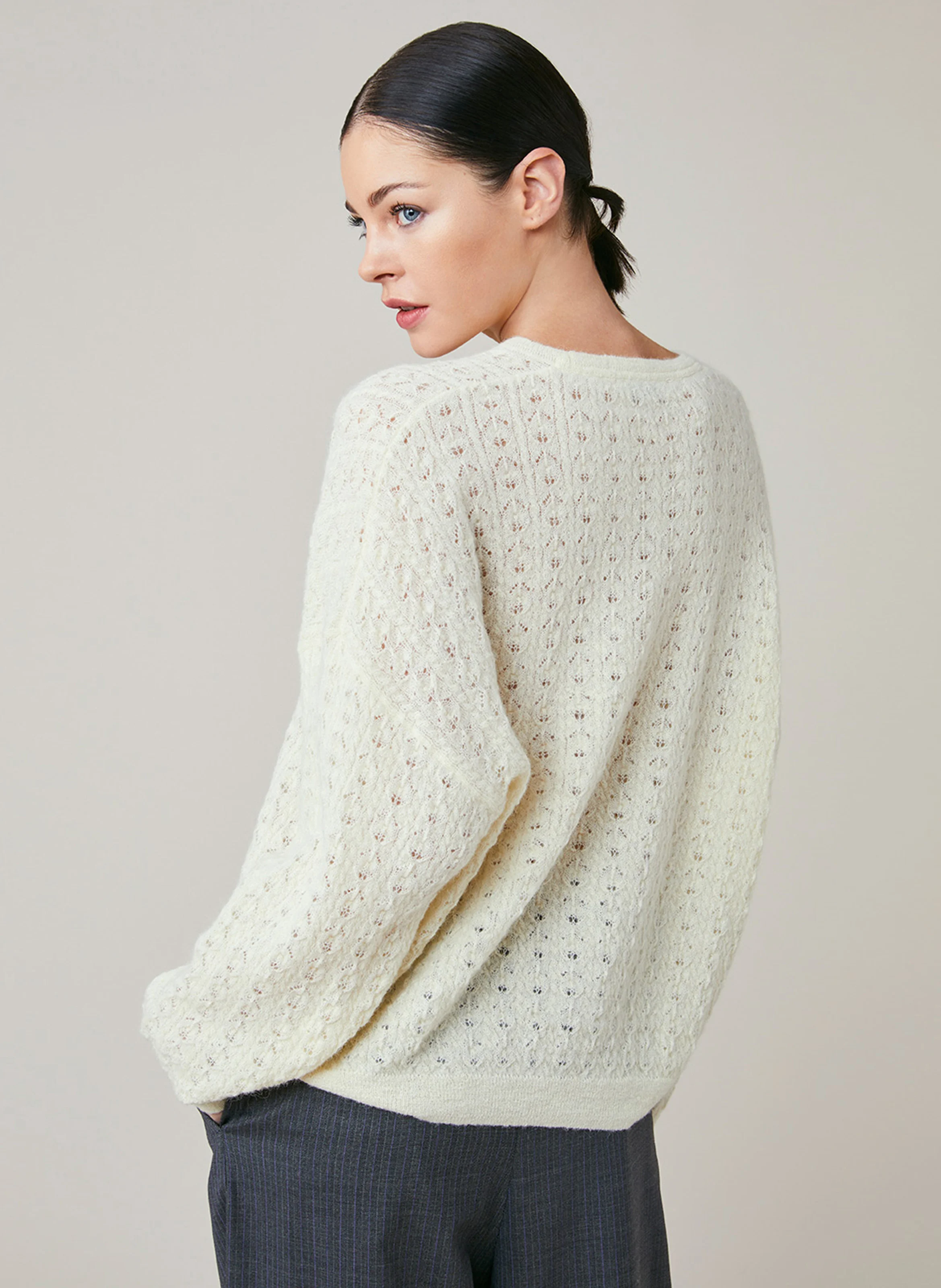ERMENCE - Pull oversize col rond en alpaga mélangé | Blanc