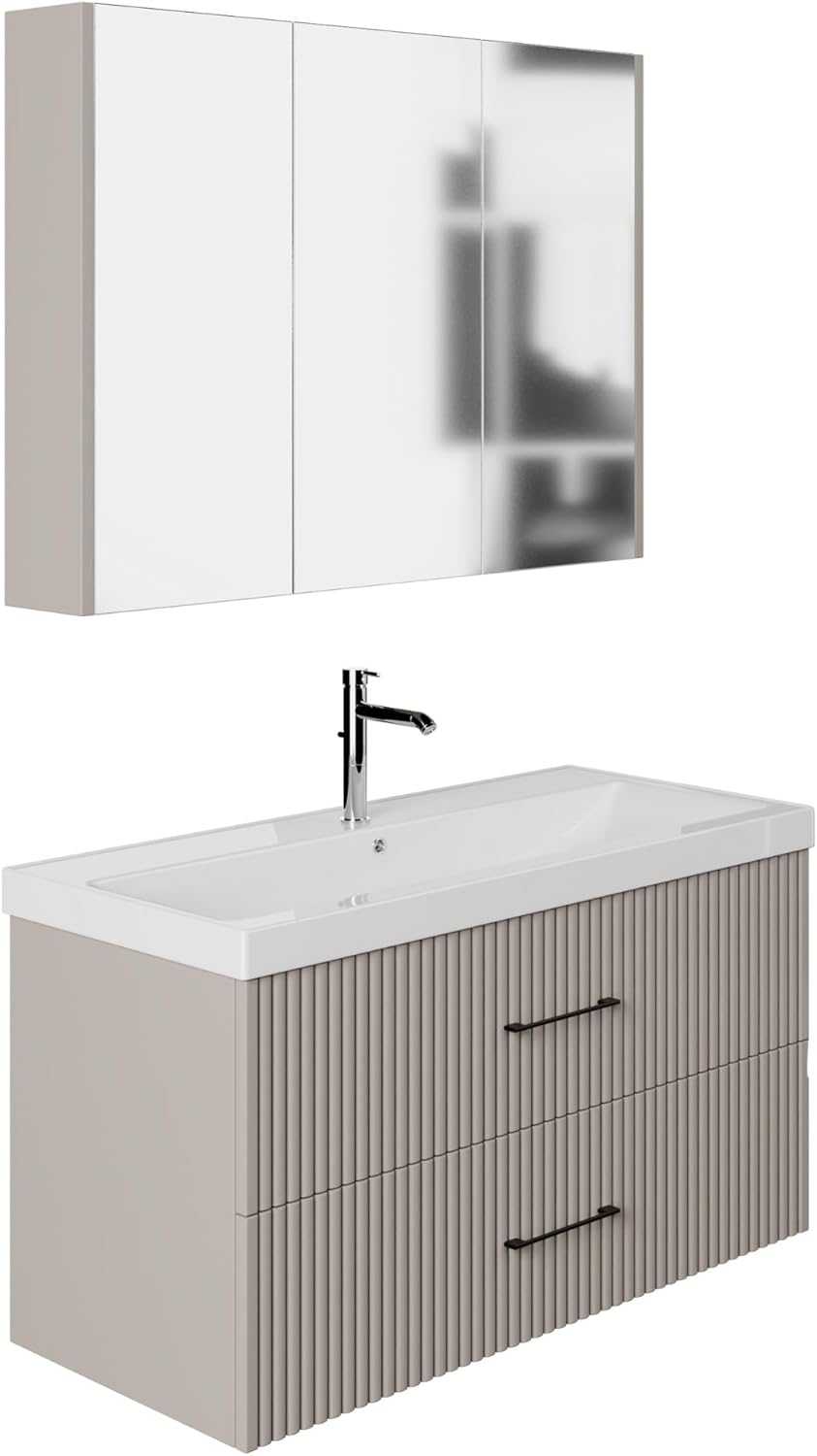 Badmöbel Set Liana 100 | Keramikwaschbecken | Unterschrank | Spiegelschrank | Softclose-Schubladen & -Türen | Riffeloptik & Bügelgriffe | Eleganter Stil | Badmöbel | Waschtisch mit Unterschrank 100 cm