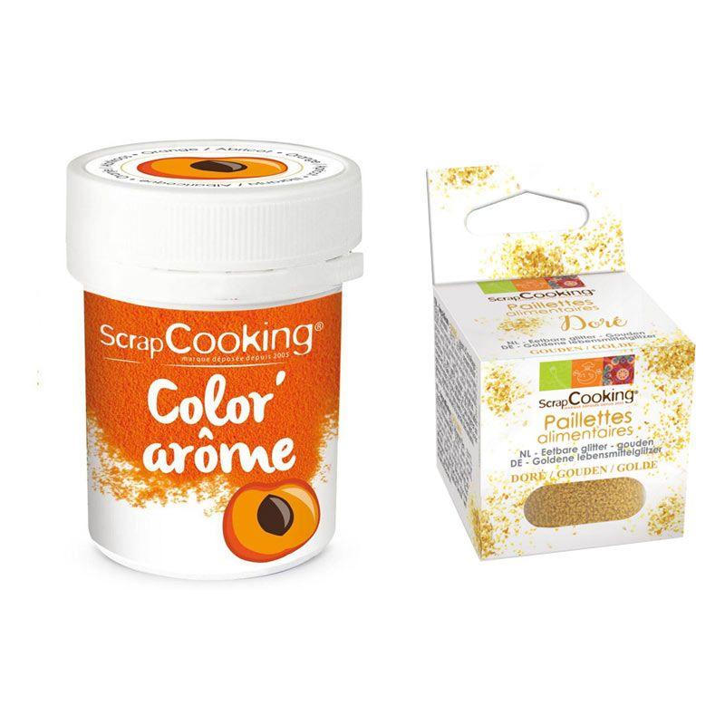 Colorant alimentaire orange arôme abricot + paillettes dorées Scrapcoo