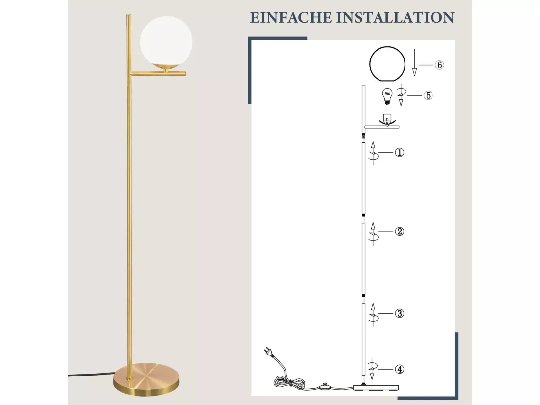 NETTLIFE Lampadaire doré industriel avec interrupteur au pied, design métallique en verre blanc, lampe sur pied E27 vintage, câble de 2 mètres
