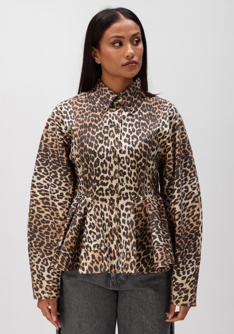 bruine ganni blouses printed stretch cotton peplum shirt