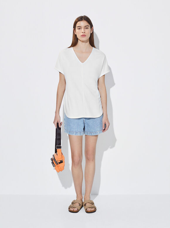 Camiseta básica com decote em V - Off-White