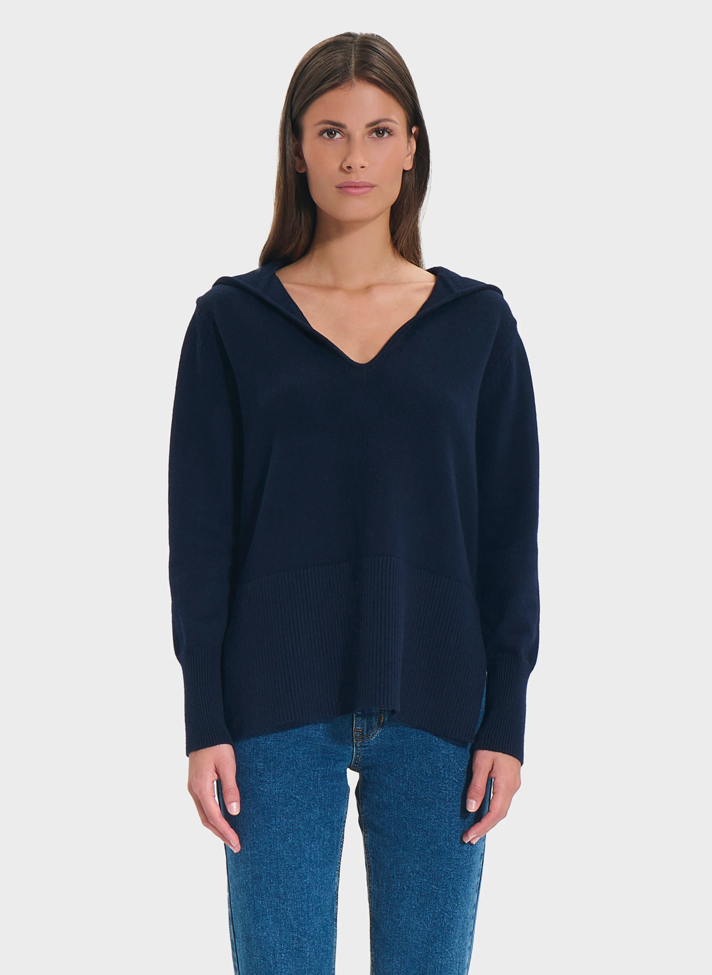 NOVALIE - Pull col V en laine mélangée| Bleu