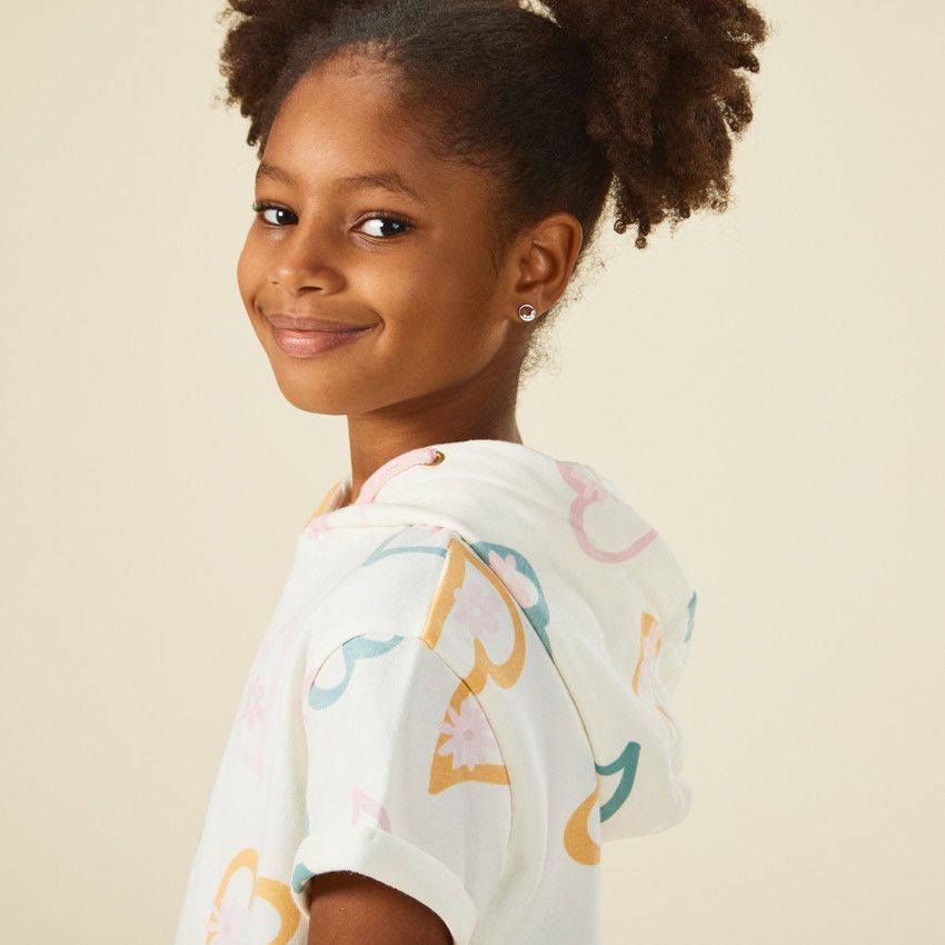 Robe sweat manches courtes imprimé cœurs pour fille - Ecru