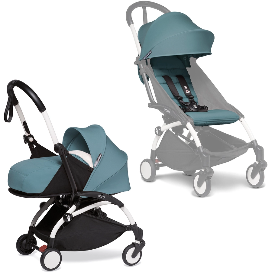 BABYZEN Kinderwagen YOYO2 0+ White mit Neugeborenenaufsatz und Textilset Aqua