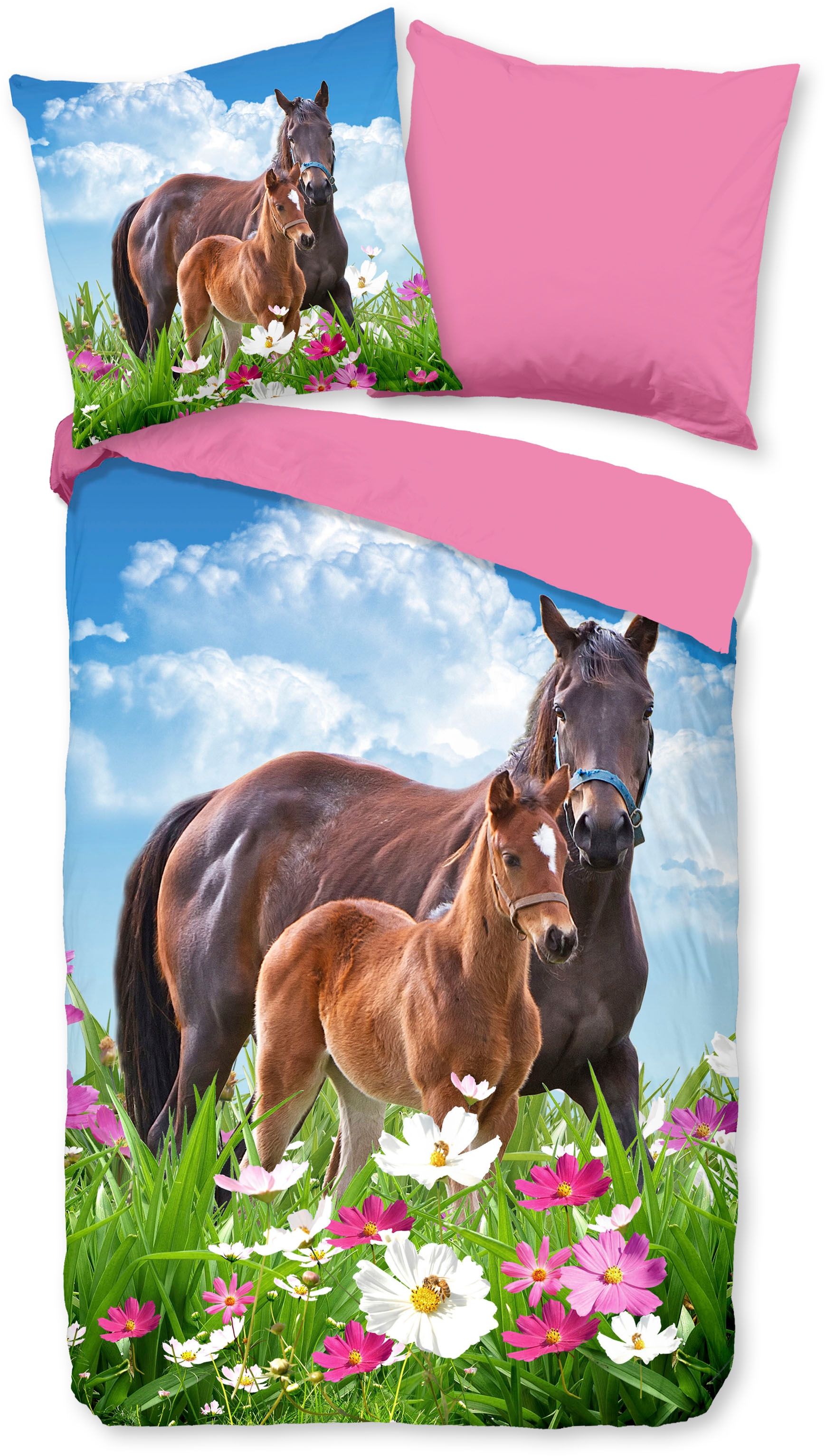 good morning Kinderbettwäsche »Dora« 2 Stk. tlg. Baumwolle, 135x200, Reissverschluss, Wendeoptik, Kind, Mädchen, Pferd