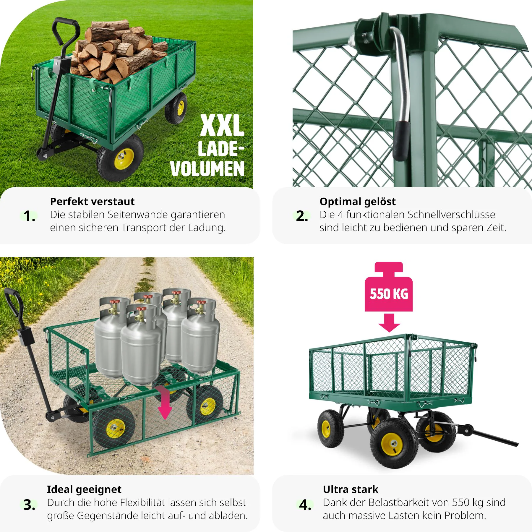 tectake® Bollerwagen, mit klappbaren Seitenwänden, leichtgängige Lenkachse mit gepolstertem Griff, Belastbarkeit 550 kg