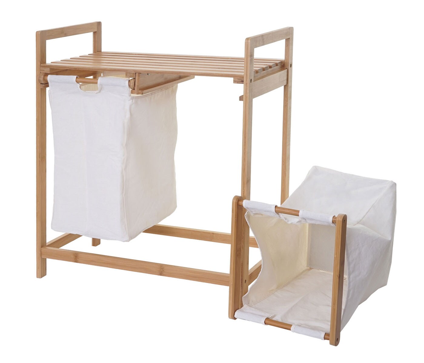 Wäschesammler MCW-B83, Laundry Wäschesortierer Wäschekorb Wäschebehälter, Bambus 2 Fächer 74x64x33cm 70l ~ weiß