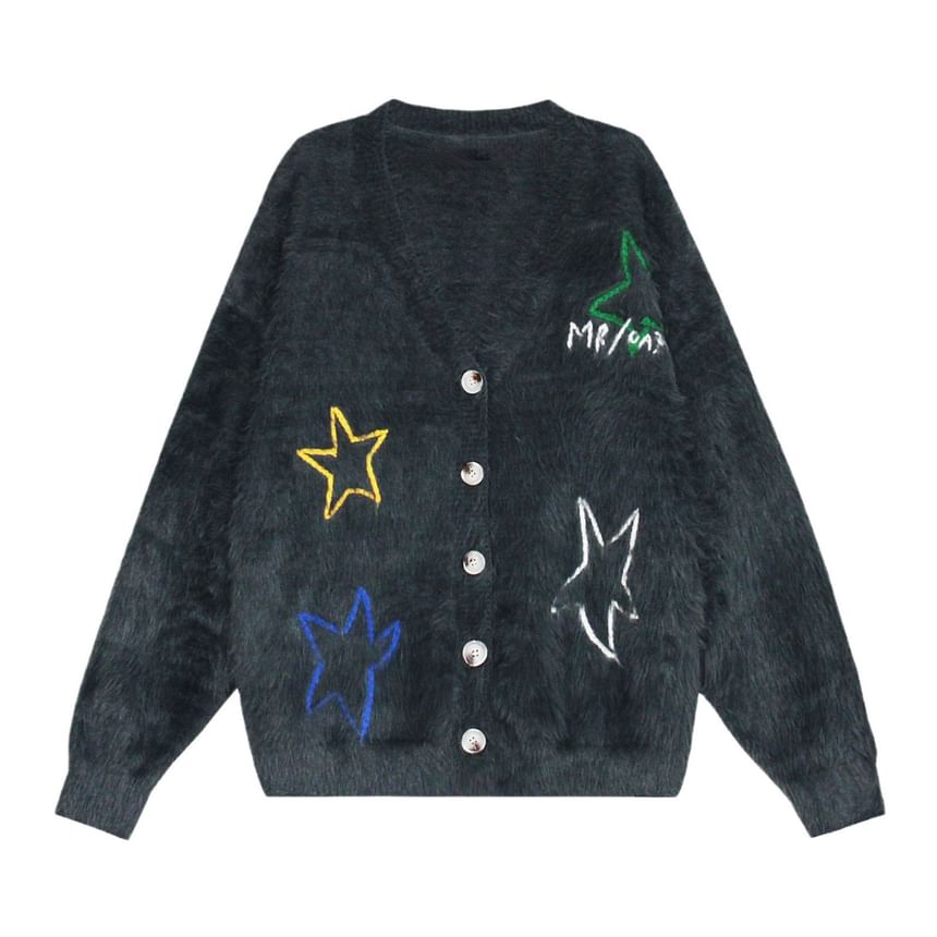 Double White - Lange mouw V-hals sterrenprint harige losse cardigan