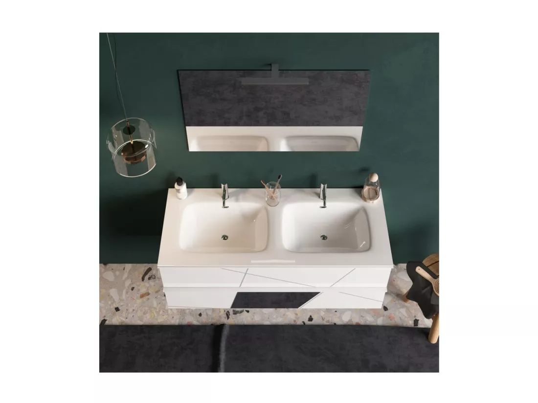 Meuble de salle de bain suspendu avec deux vasques et 2 tiroirs, collection VITARIO. Coloris blanc brillant