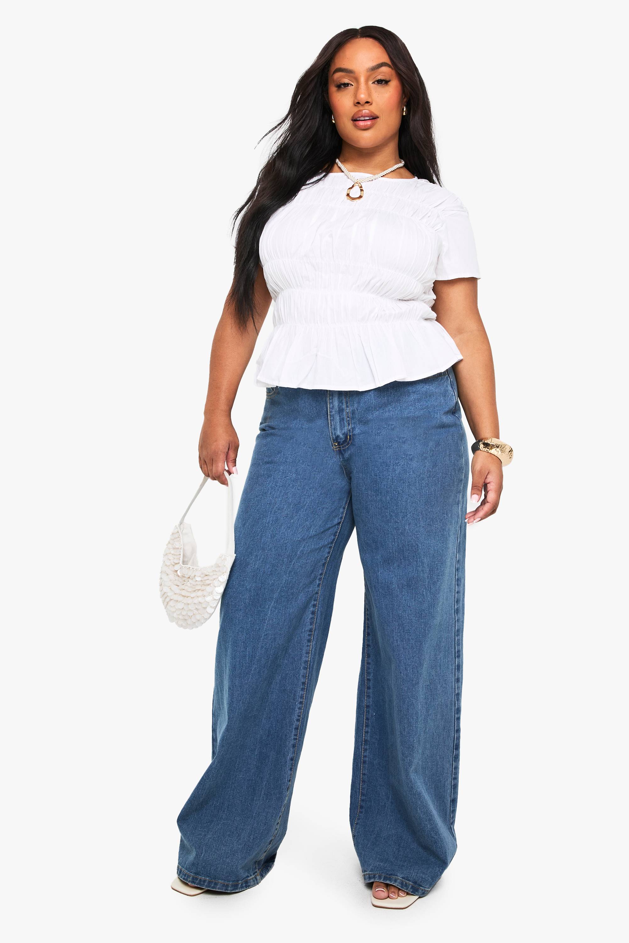 boohoo PLUS CHEMISIER EN COTON À EFFET FRONCÉ ET MANCHES BOUFFANTES