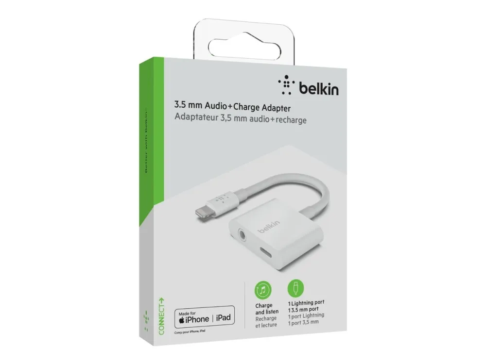 Belkin 3.5 mm Audio   Charge RockStar - Lightning til hovedtelefon-jackstik/opladningsadapter - Lightning (han) til 4-pæl ministik, Lightning (hun) - hvid - for Apple iPad/iPhone (Lightning)