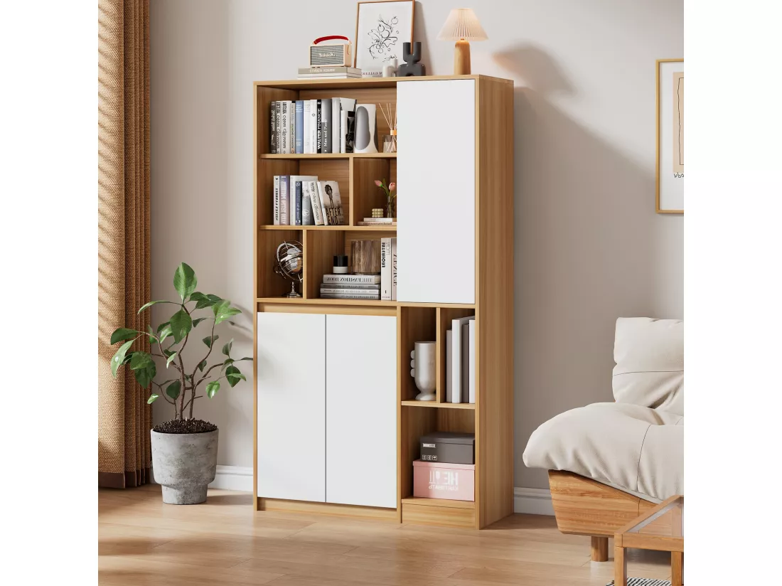 Bibliothèque avec 3 portes et étagères réglables - 90 x 35,5 x 160 cm - Panneaux de particules - Blanc + Chêne clair