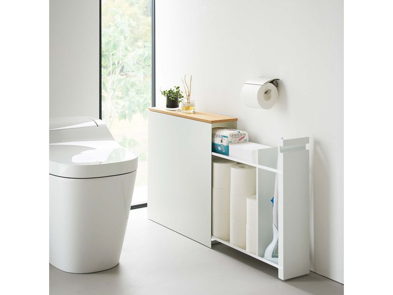 Yamazaki Badezimmerregal Tower 56 x 55 cm, Weiss Auszieh-Regal mit Holzablage