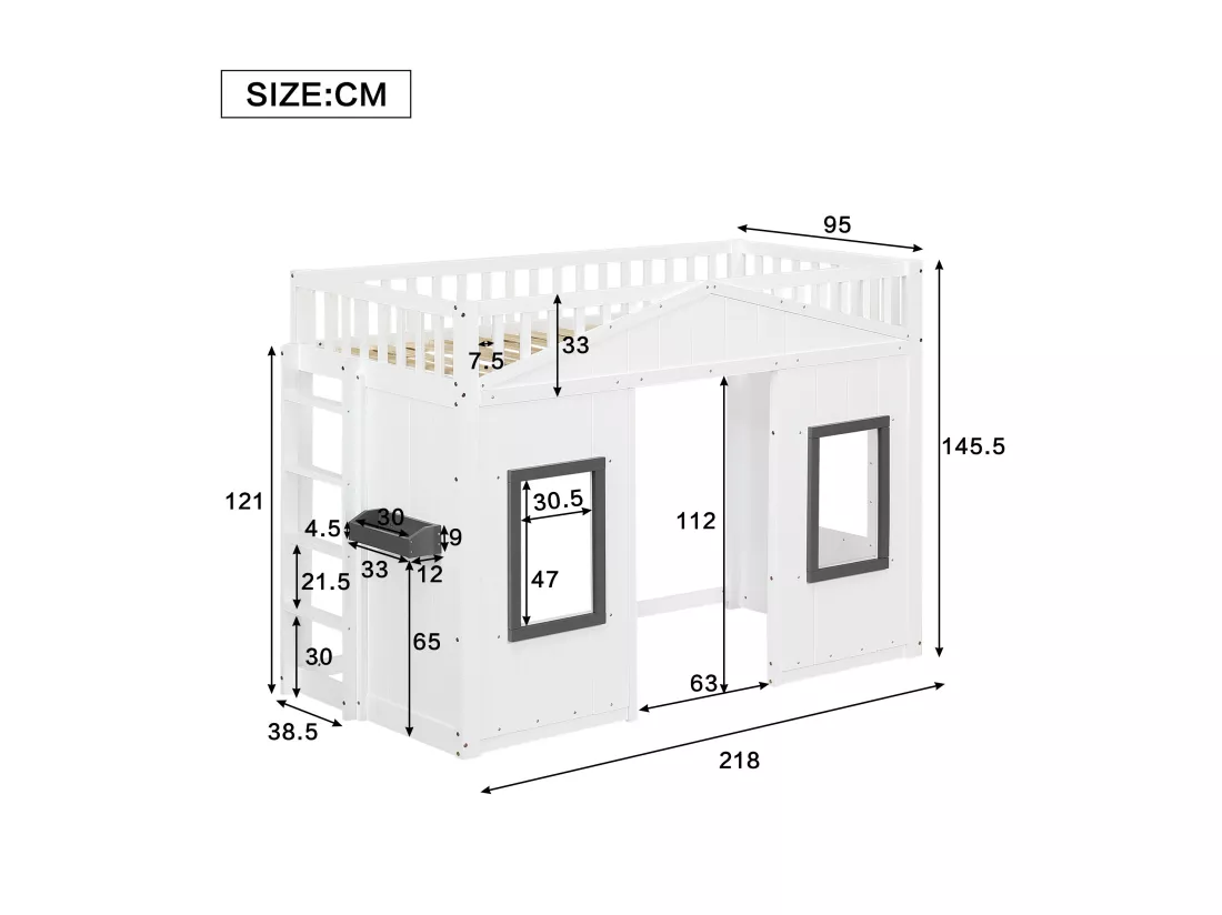 Lit mezzanine 90x200 cm - avec garde-corps et escalier - avec 2 fenêtres - bois massif + MDF - blanc