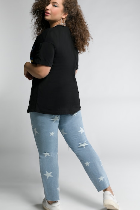 Mom Jeans, 5-Pocket, geschnittener Saum, destroyed, Sterne