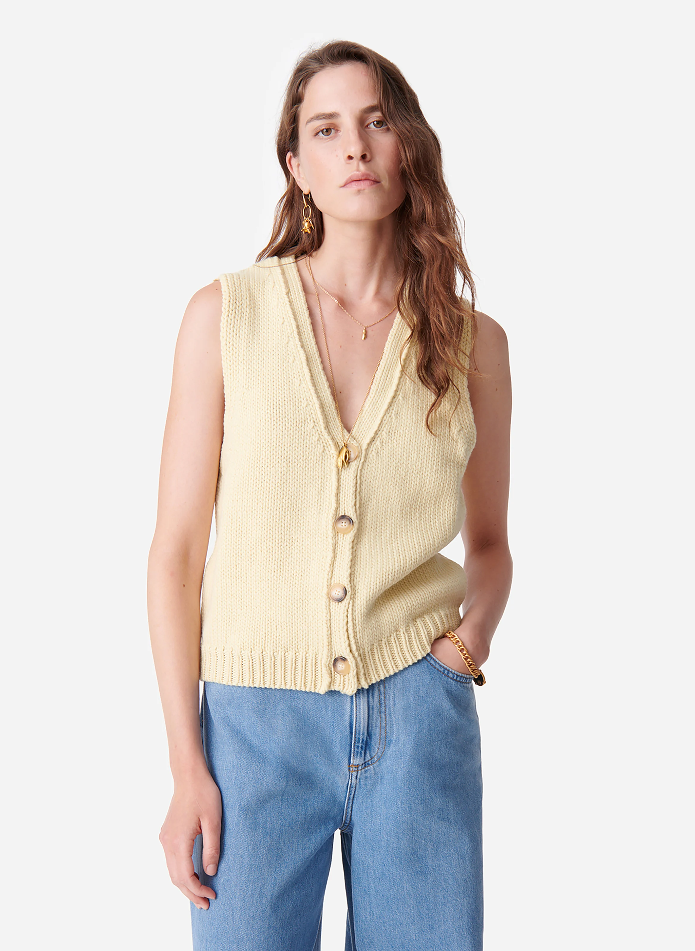 DOUNYA - Cardigan sans manches en laine| Jaune