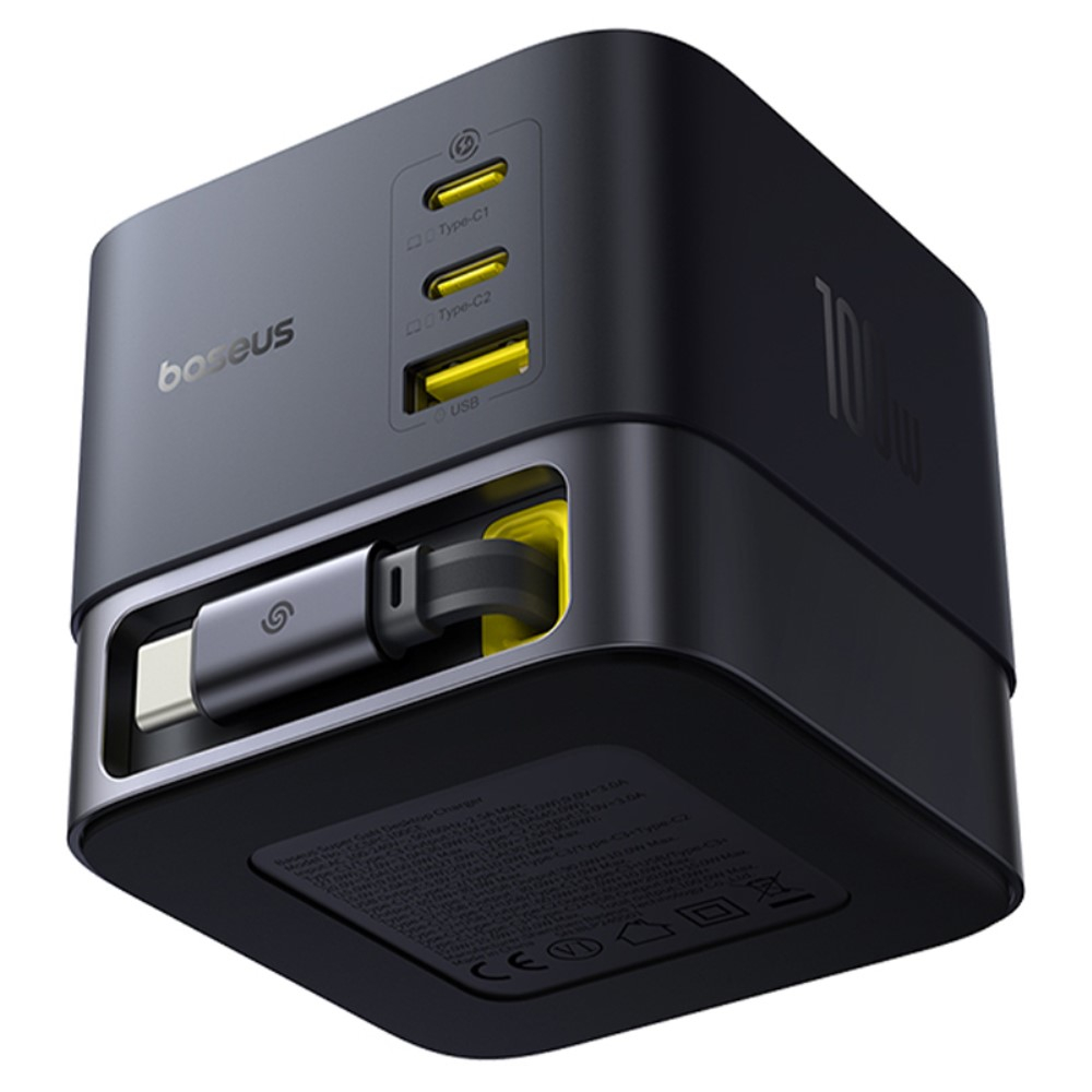 (100W) 4in1 3x USB C / 1x USB A Super GaN Ladegerät Netzteil mit ausziehbarem Ladekabel Power Delivery   (1.2m) Netzkabel - Schwarz