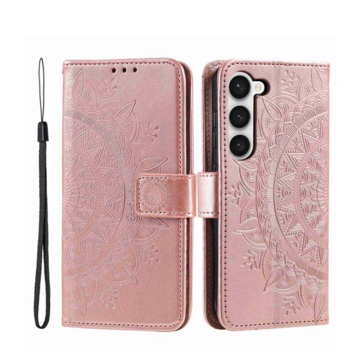 Samsung Galaxy S23 5G Leder Tasche Wallet - Mandala Flowers Imprint - Roségold