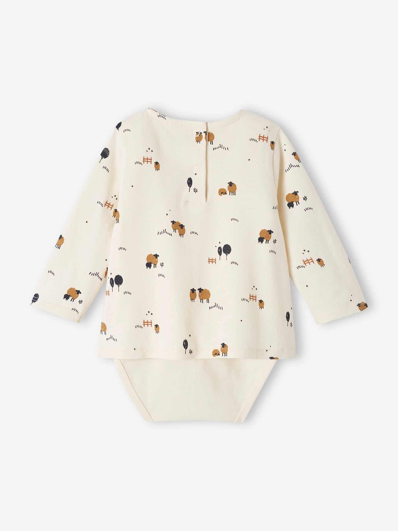 Camiseta/body de manga comprida para bebê com estampa de ovelhinha na cor natural.
