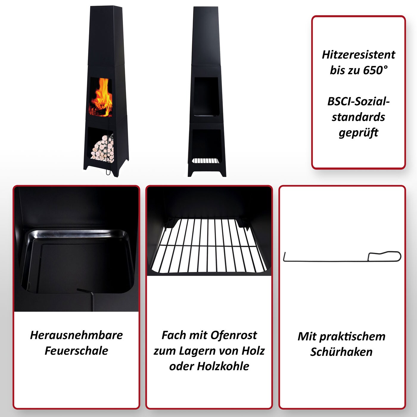 Gartenofen MCW-K89, Gartenkamin Terrassenkamin Terrassenofen, Schürhaken Feuerstelle 150x35x34cm, schwarz