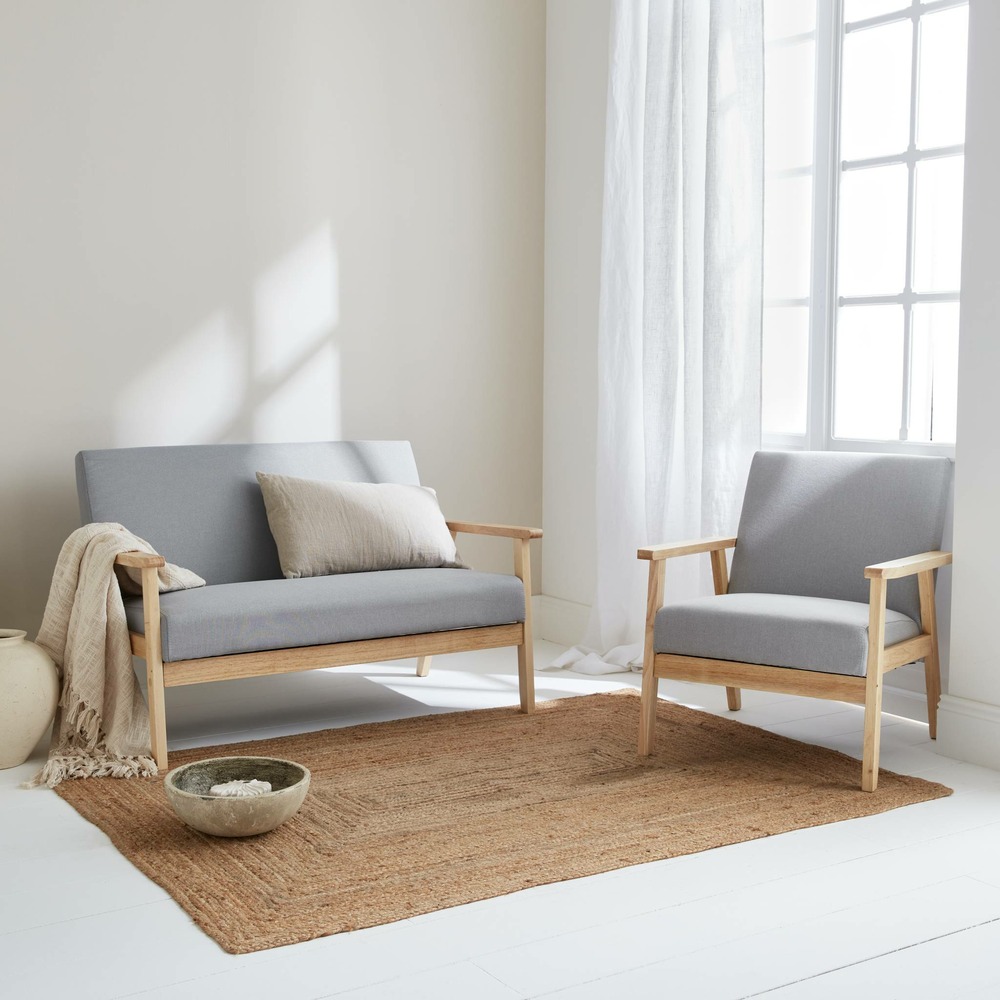 Banquette et fauteuil en bois et tissu gris clair. Isak. L 114 x l 69.5 x h 73cm