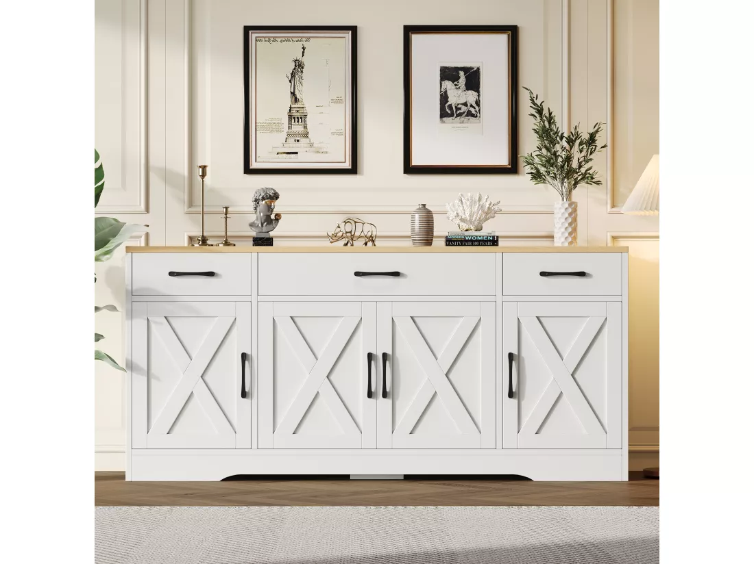 Buffet moderne avec 4 portes et 3 tiroirs - 160 x 37 x 75 cm - Bois MDF - Etagères réglables - Blanc et bois
