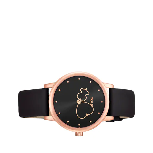 Relógio analógico Bear Time em aço com revestimento IP em ouro rosa e pulseira de couro preta.