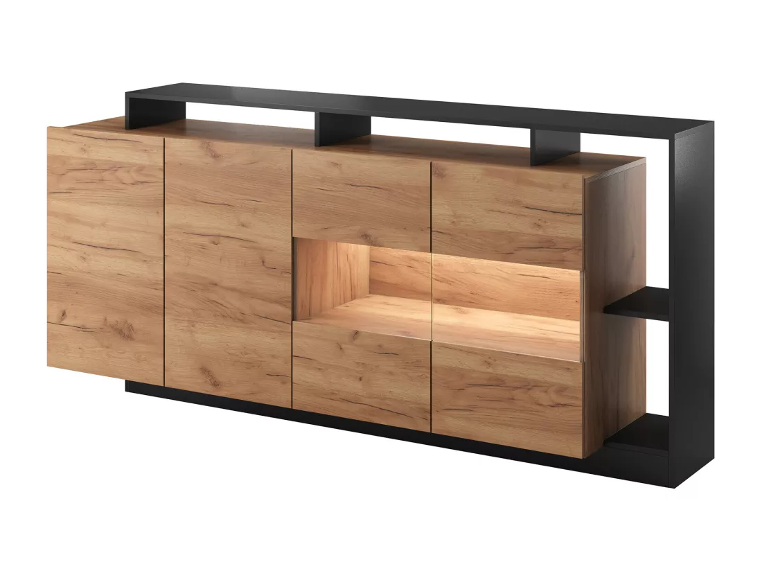 Buffet 4 portes et 4 niches avec LEDs - Naturel clair et Anthracite - IDESIA