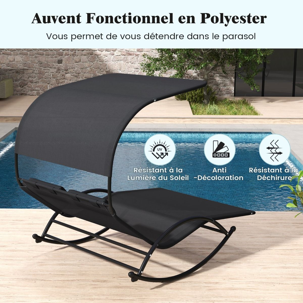 Chaise Longue Double Chaise à Bascule pour 2 Personnes 2 Appui-Têtes Amovibles Cadre en Métal Robuste Lit de Repos Ergonomique 2 Places Gris/Noir/Beige - Lidl-Manfred