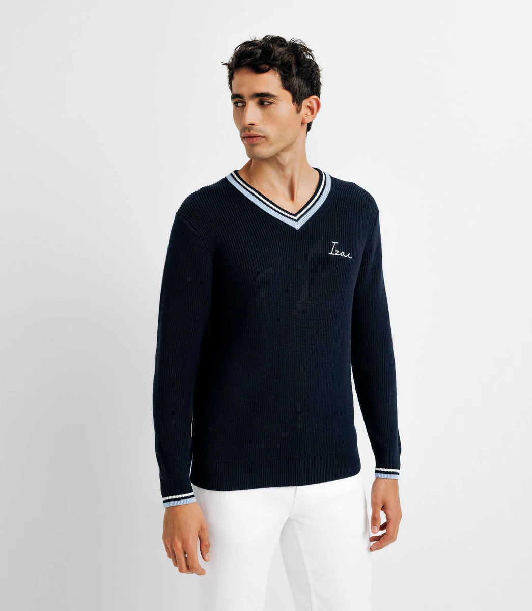 Pull col V brodé marine