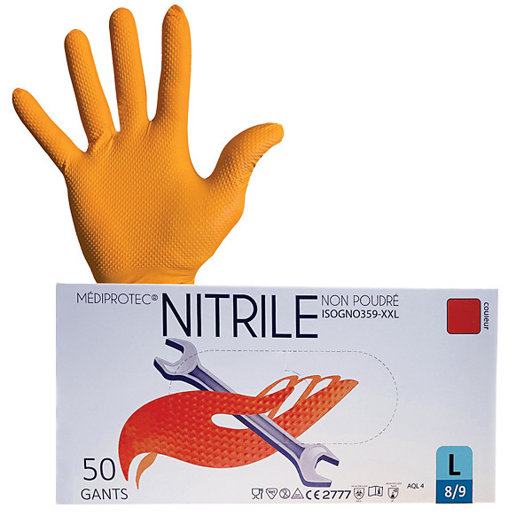 Gants jetables nitrile non poudrés orange taille 8, boîte de 50