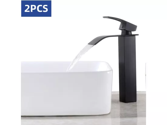 Cecipa max 2PCS Noir Robinet Cascade avec Haut Bec Mitigeur Lavabo Haut Mono-trou Robinetterie Lave-mains avec Levier Unique en Cuivre,EU Modèle