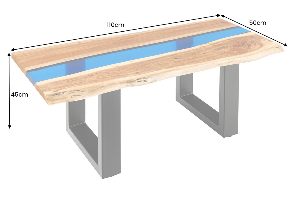 Massiver Couchtisch LIQUID 110cm braun Akazienholz Baumkante schwarz Eisen blau