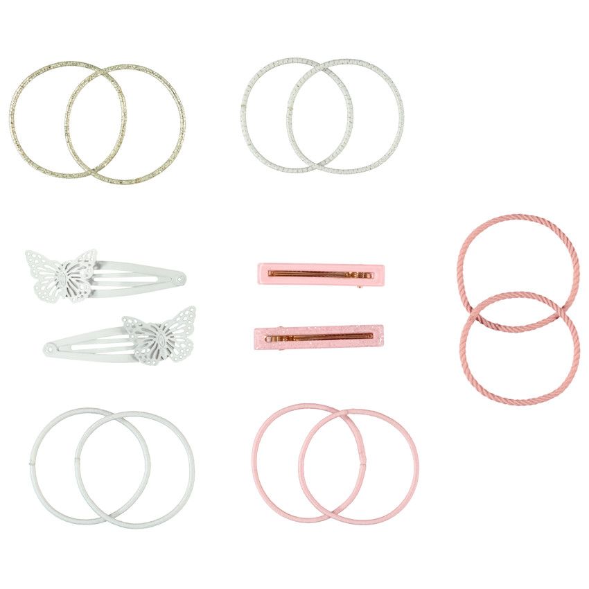 Lot de 4 barrettes + 10 élastiques fantaisie pour fille - Blanc
