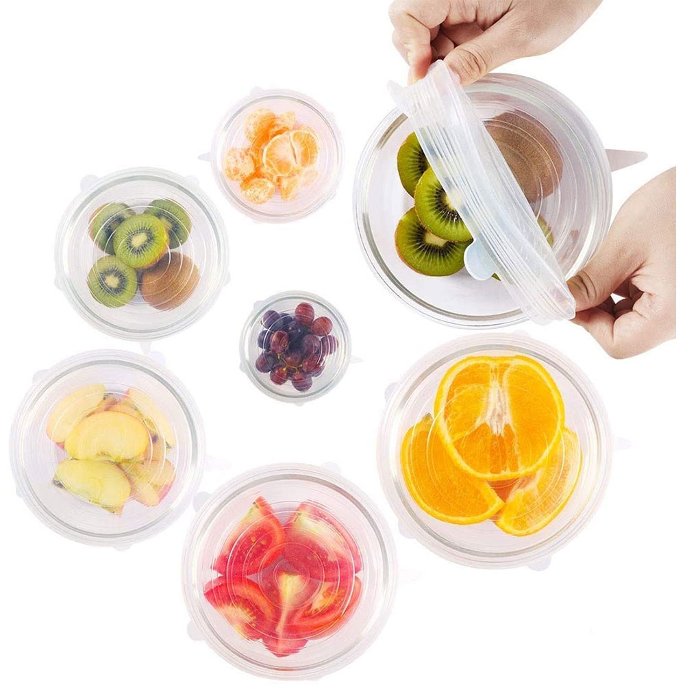 (6er Set) Universal Silikon Lebensmittel Deckel Wiederverwendbare Abdeckung für Früchte / Gemüse / Schüsseln - Transparent