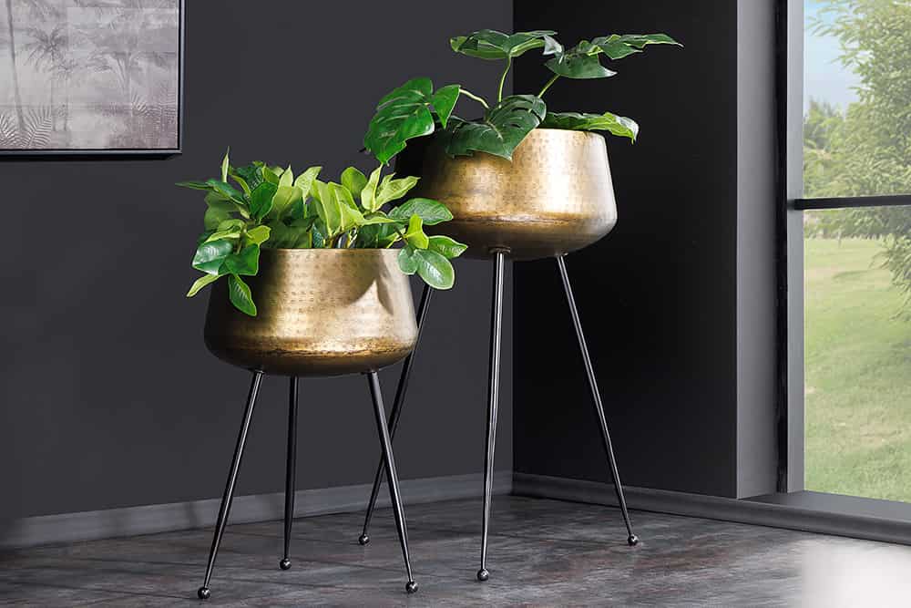 2er Set Blumentopf FLOWERS 65cm messing gold schwarz Hammerschlag-Design