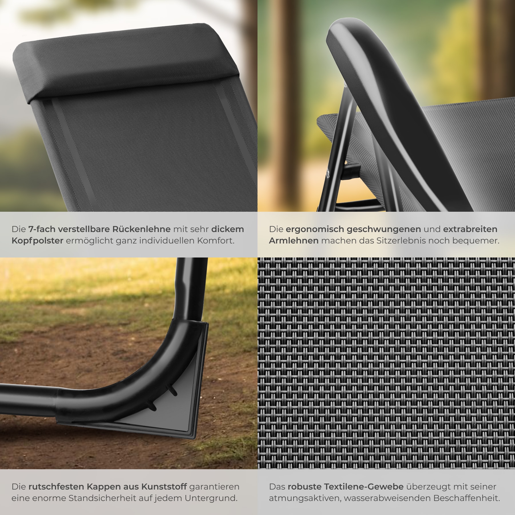 tectake® Campingstuhl, klappbar, 7-fach verstellbare Rückenlehne mit Kopfpolster, Belastbarkeit 120 kg, 57 x 65 x 112 cm