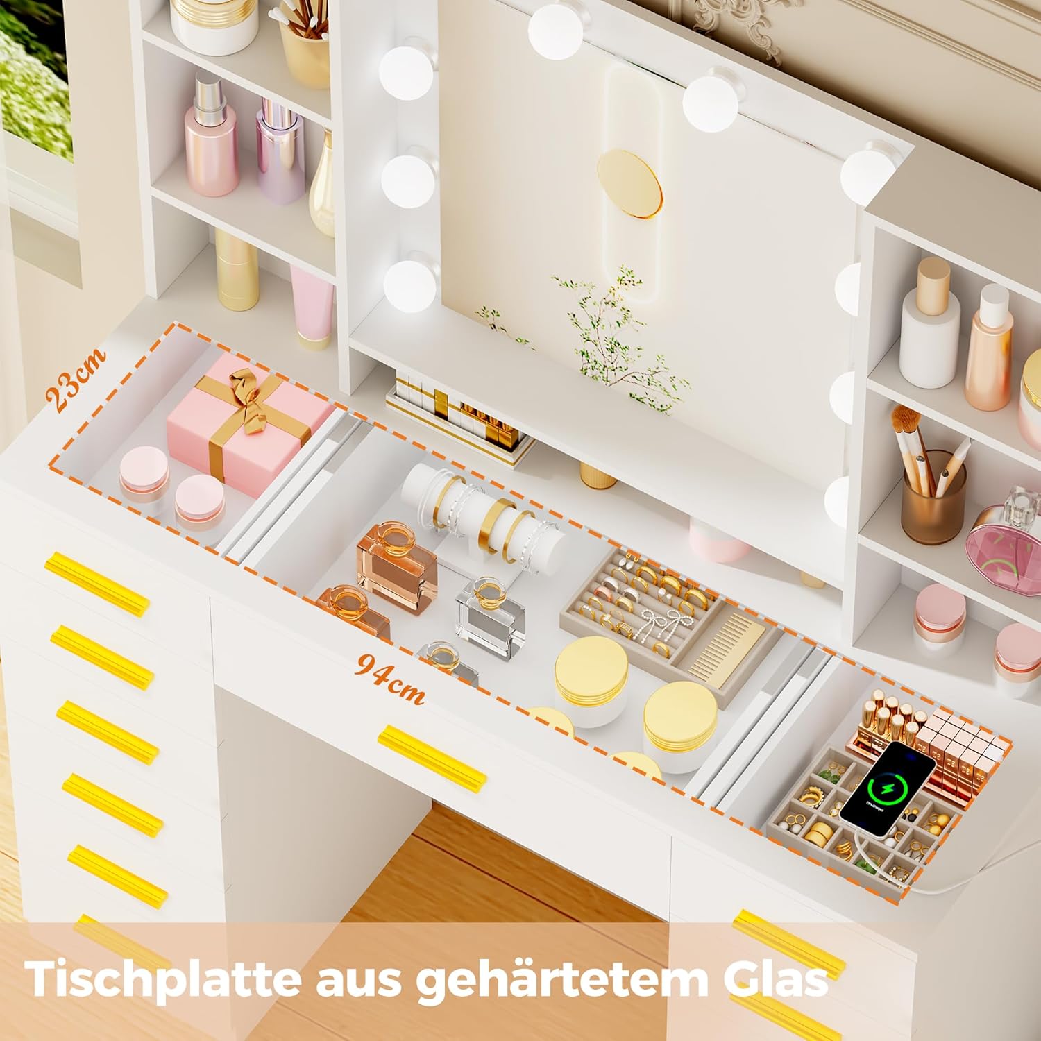 ANWBROAD Große Schminktisch mit Verstellbaren LED-Beleuchtung und Steckdosen,3 Farben,Transparente Glasplatte,Schminktisch mit Spiegel,13 Schubladen,7 Offenen Ablagen,Weiß BDT19W
