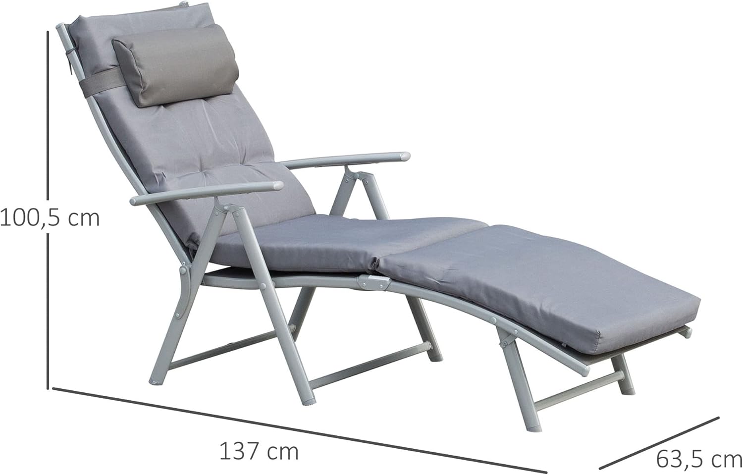 Outsunny Sonnenliege klappbar Strandliege mit Kopfkissen Sitzkissen Liegestuhl mit 7-Fach verstellbare Rückenlehne Gartenliege Relaxliege bis 165 kg belastbar, für Garten Urlaub Outdoor, Grau